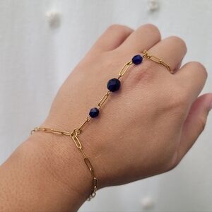 Gold Plated Hand Chain, Faceted Blue Bead Accent // Artisan Made- NWOT